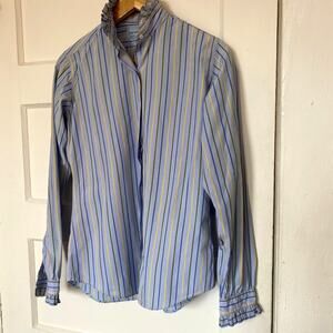Vintage London Blue Striped Button-up Frilly Blouse Long Sleeve Hilditch & Key